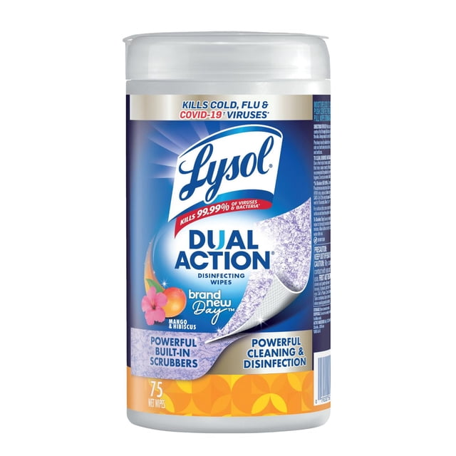 Lysol Dual Action Brand New Day Mango & Hibiscus Disinfecting Wipes, 400 g, 75 Count
