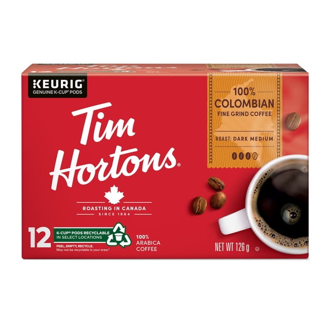 Tim Hortons 100% Colombian Dark Medium Roast K-Cup Coffee Pods, 126 g, 12 Count
