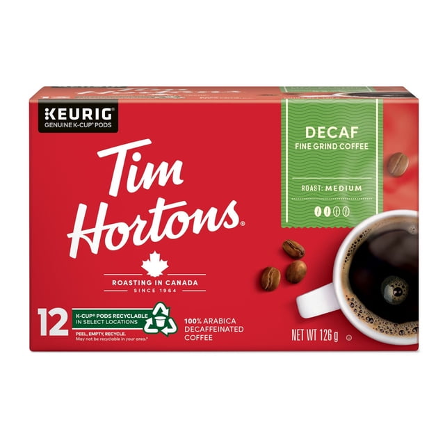 Tim Hortons Medium Roast Decaffeinated K-Cup Coffee Pods, 126 g, 12 Count