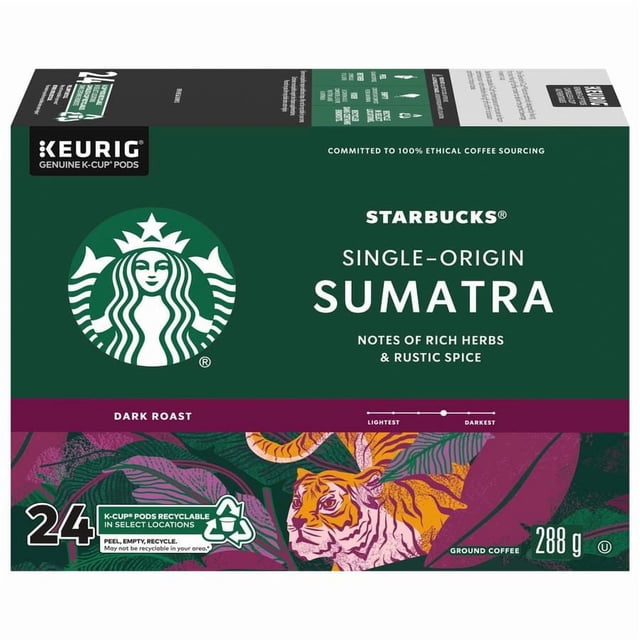 Starbucks Sumatra Single-Origin Dark Roast Ground Coffee K-Cup Pods 24 Pods, 288 g, 24 Count