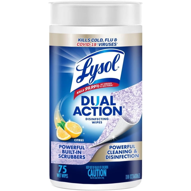 Lysol Dual Action Citrus Disinfecting Wipes, 400 g, 75 Count