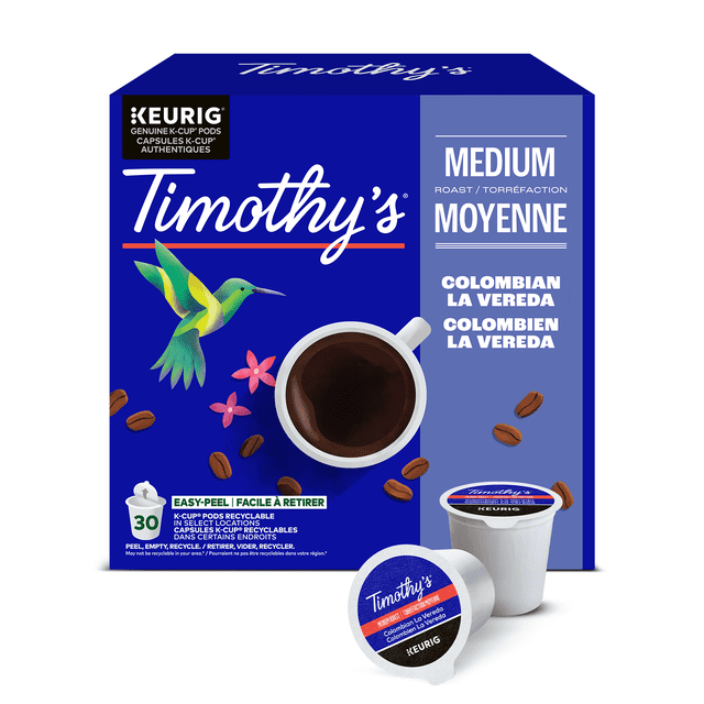 Timothy's Colombian La Vereda Medium Roast K-Cup Coffee Pods, 300 g, 30 Count