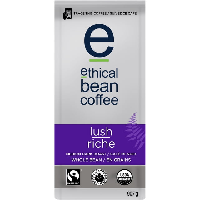 Ethical Bean Fairtrade Organic Lush Medium Dark Roast Whole Bean Coffee, 907 g