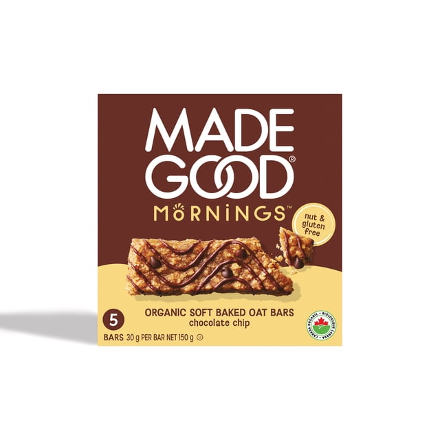 MadeGood Mornings Chocolate Chip Soft Baked Oat Bars, 150 g, 5 Count
