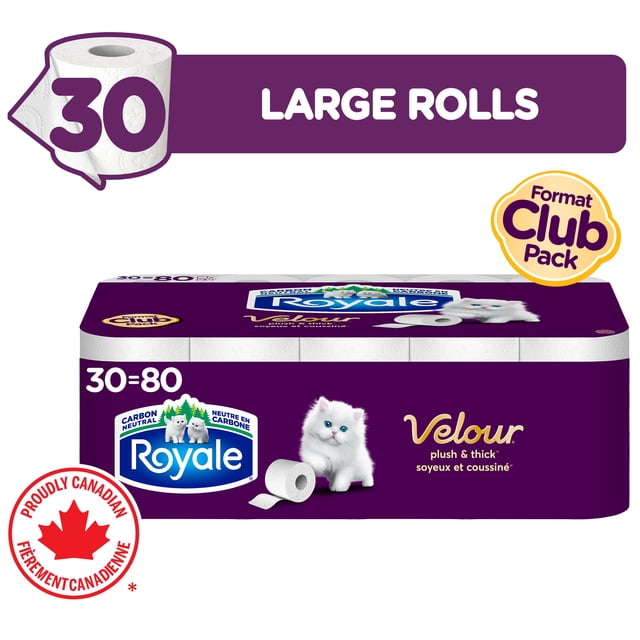 Royale Velour 30 Equal 80 Toilet Paper, 8000 g, 30 Count