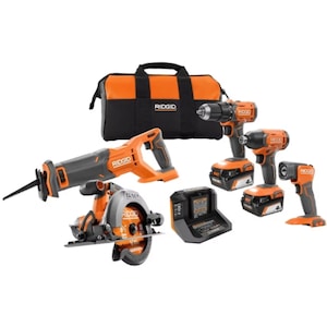 RIDGID 18V Cordless 5-Tool Combo Kit with (2) 4.0 Ah Batteries, C